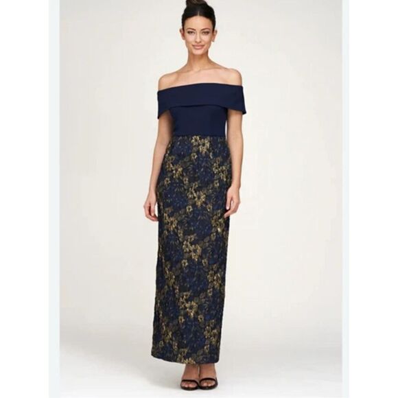 JS Collections Stretch Crepe Metallic Jacquard Off The Shoulder Gown - Picture 1 of 8